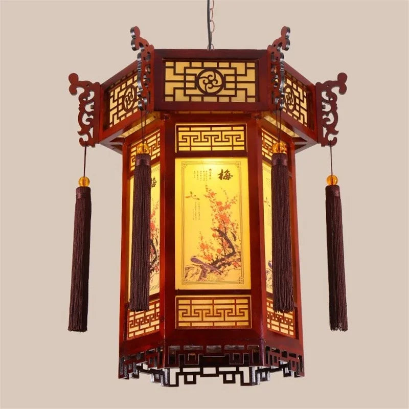 lampe suspendue artisanale chinoise papier motif floral oiseaux bois marron étude chambre salon