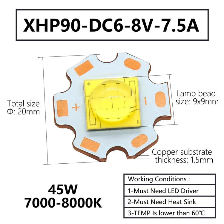 led xhp70 xhp90 xhp110 18w 24w 45w 72w cool white 7000k 8000k 50000h luminosité