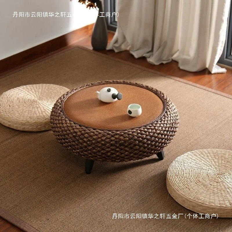 tabouret moderne rustique tissé beige clair foncé naturel pieds noirs salon assemblage facile