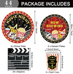 décoration anniversaire thème cinéma assiettes jetables serviettes gobelets nappe guirlande popcorn rouge noir doré