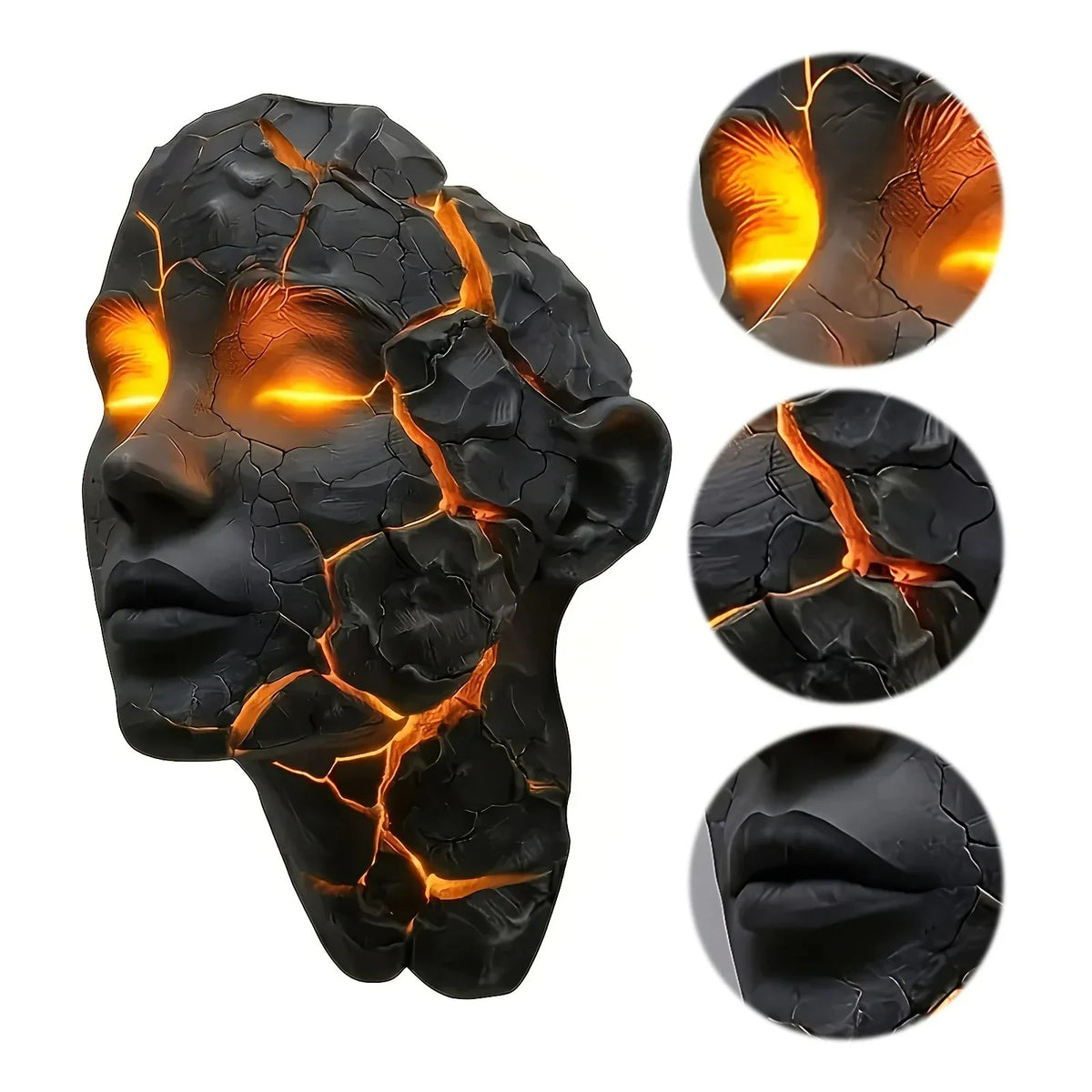 masque sculptural noir orange texture craquelée effet lave art contemporain sans fixation visible