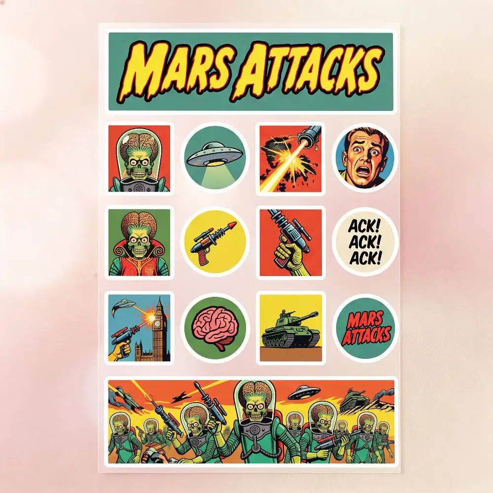 stickers adhésifs rétro mars attacks extraterrestres soucoupes volantes buildings armes 20x30cm 30x40cm