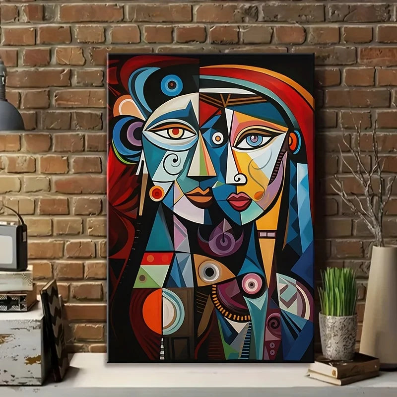 tableau abstrait géométrique moderne toile impression cubiste contrasté bleu rouge noir blanc orange vert