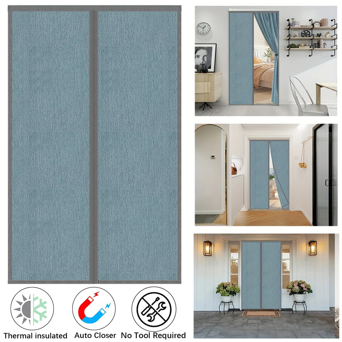 rideau porte bleu clair texture tissée moderne adhésif ruban clips isolation hiver