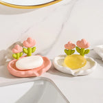 support savon moderne fleurs stylisées blanc rose vert jaune orange violet adhésif salle bains
