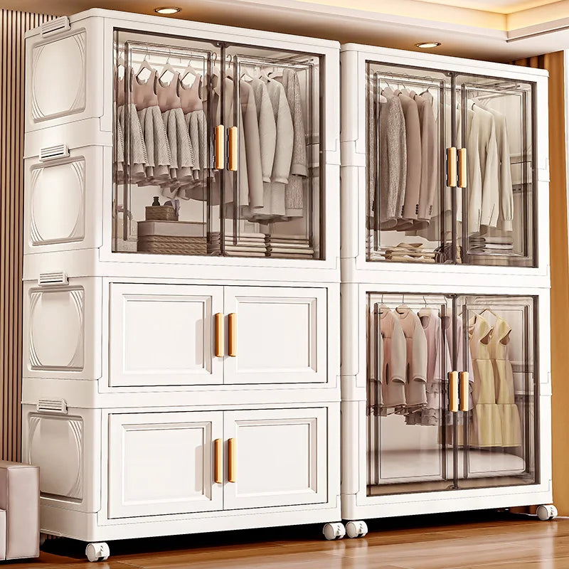armoire vêtements pliante blanche tiroirs roulettes rangement chambre classique blanc transparent dorées