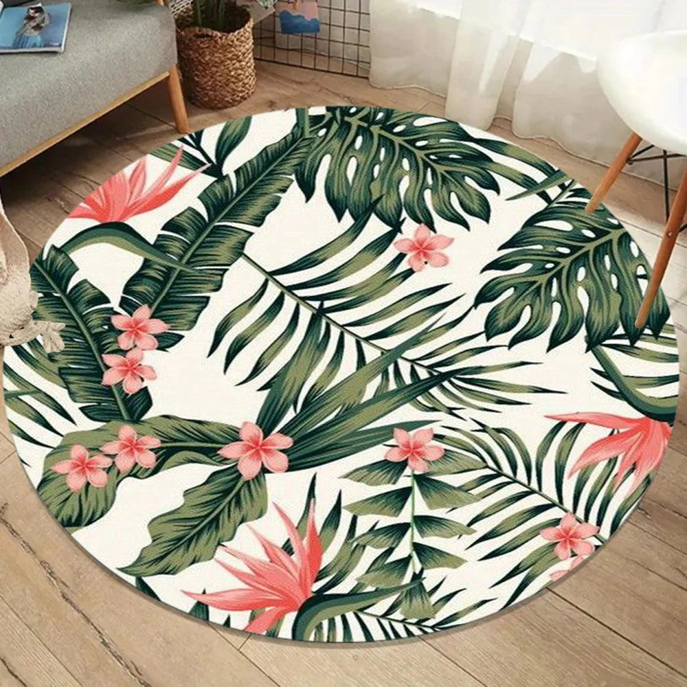 tapis rond moderne vert beige gris motifs feuilles tropicales geometriques salon chambreextérieur sdb 80x80cm
