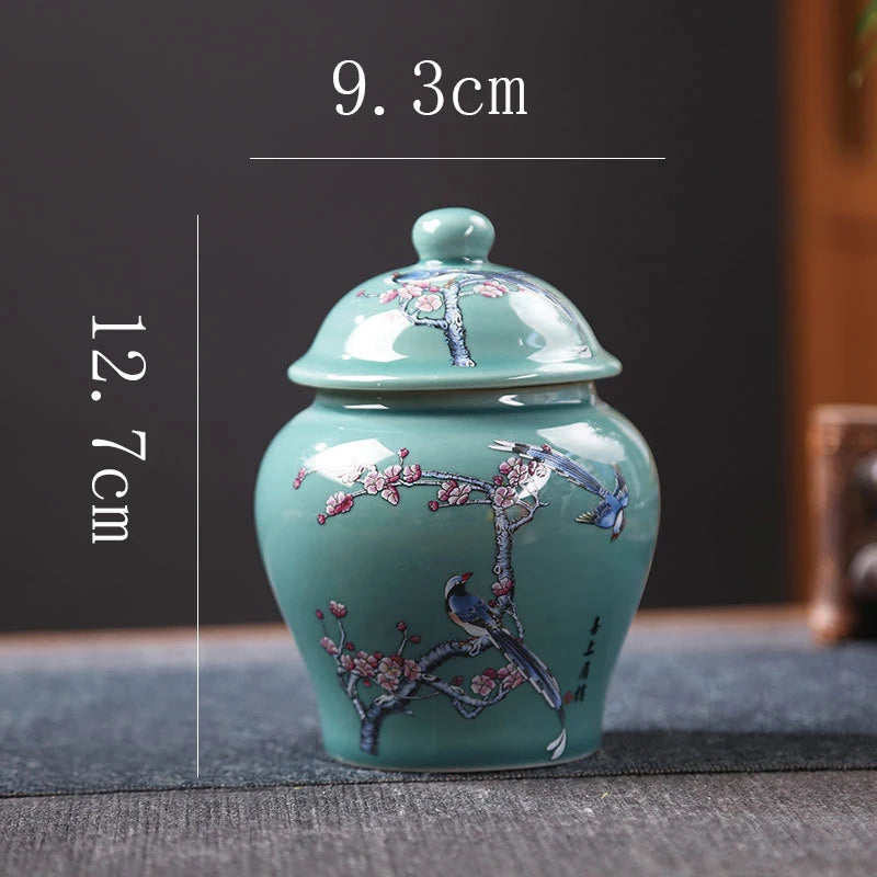 pot thé céramique artisanal fleurs oiseaux peintes main vert clair traditionnel couvercleDecorationMaisonVaseFleurs