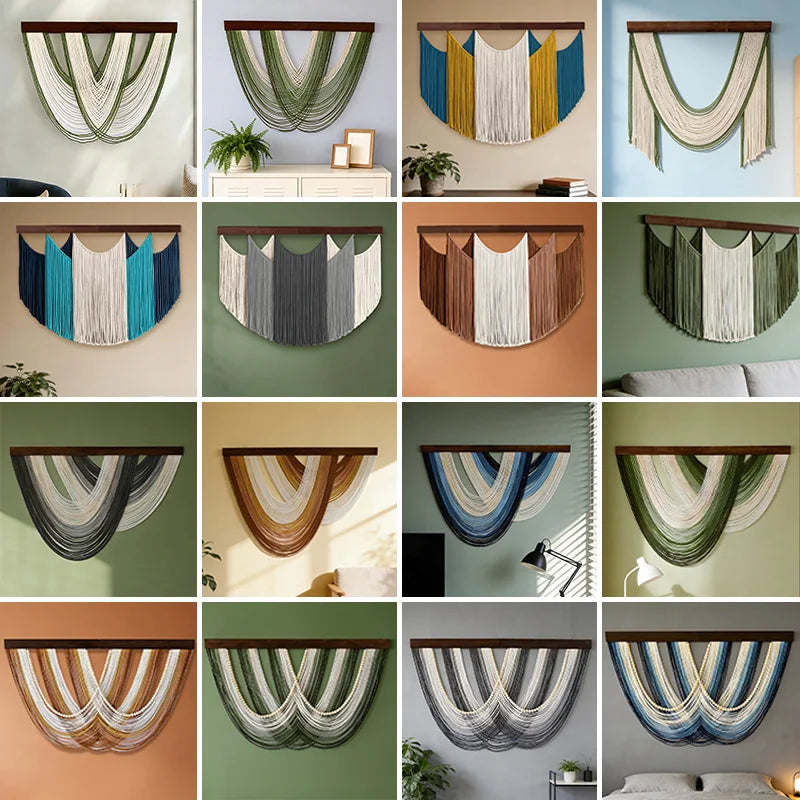 rideau macramé boho moderne franges vert blanc marron bleu gris salon