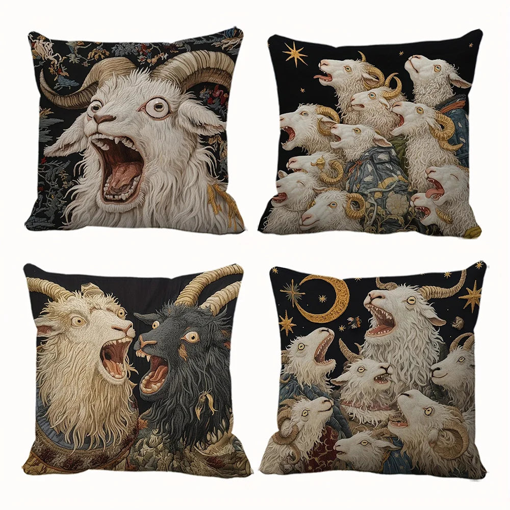 taies d'oreiller vintage motif chèvres noir blanc gris polyester peachskin 45x45cm décoration maison hospitalière