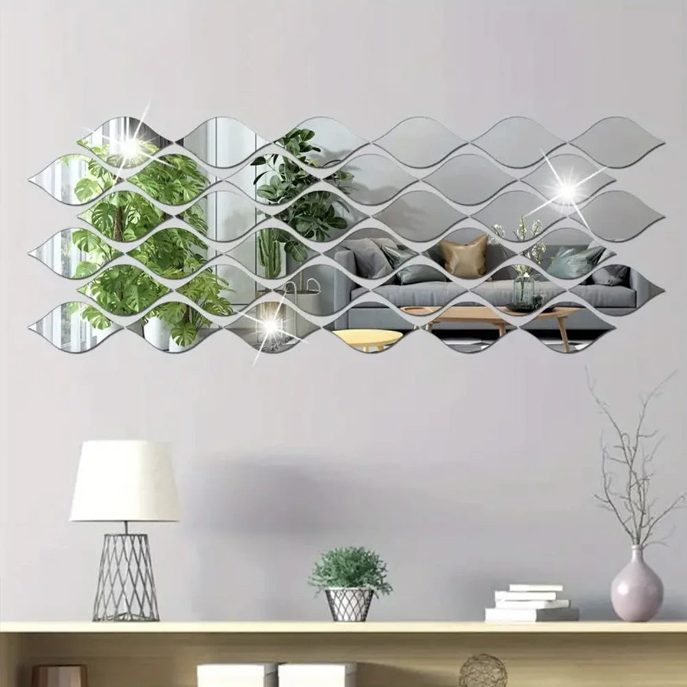 décoration murale moderne feuilles miroir argentées auto adhésives géométriques ondulées dorées élégantes intérieurversible