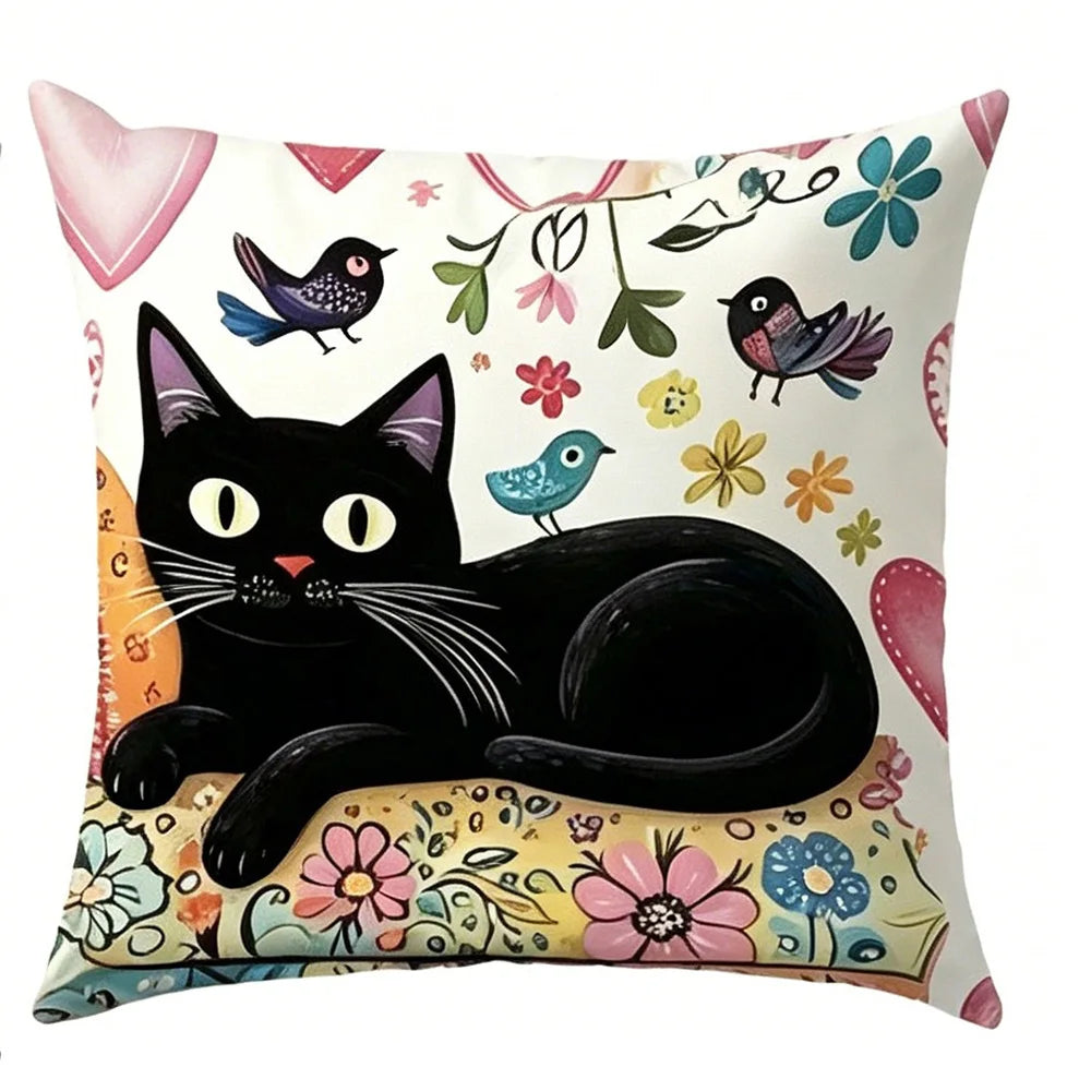 coussin illustration chats noirs fleurs polyester peacheskin 40x40cm 45x45cm 50x50cm 60x60cm