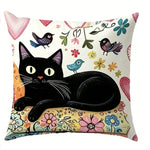 coussin illustration chats noirs fleurs polyester peacheskin 40x40cm 45x45cm 50x50cm 60x60cm