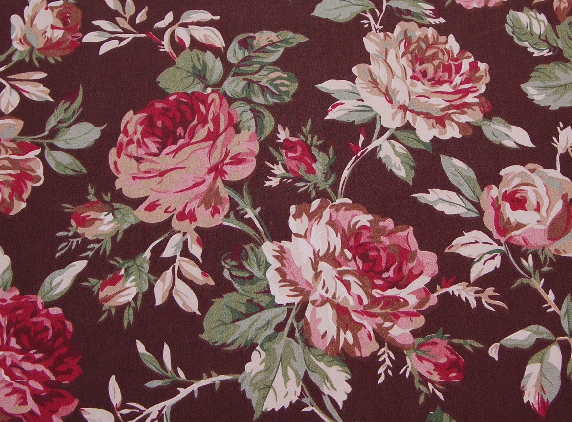 tissu coton biodegradable floral marron rose vert motifs roses champetre vintage romantique 160cm