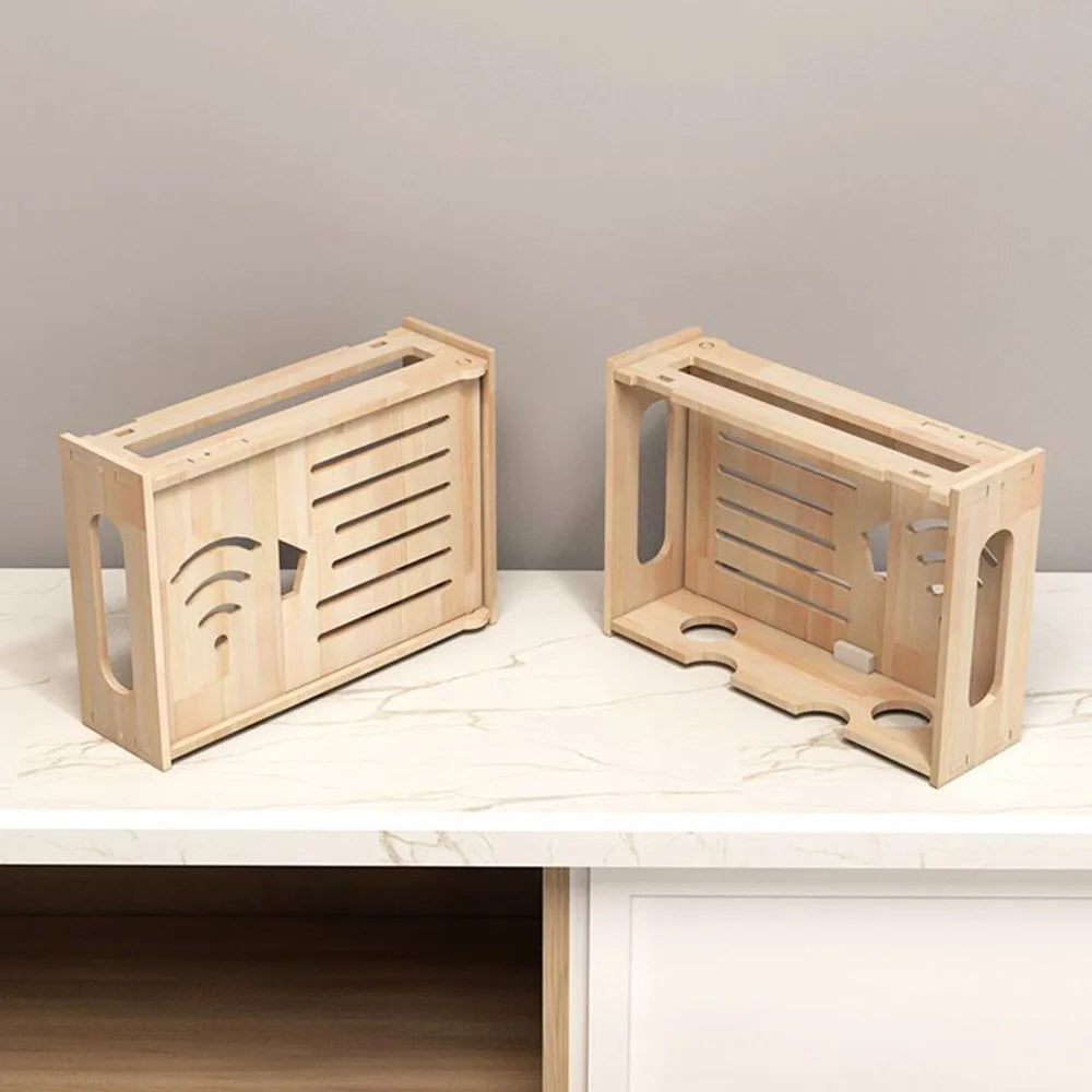 boîte rangement câbles bois clair moderne motifs wifi hexagone minimaliste éléments électriques
