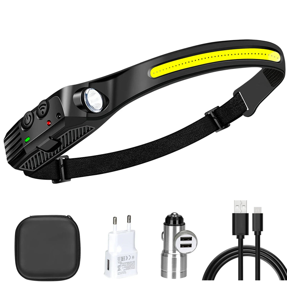 lampe frontale rechargeable led noir jaune blanc rayures moderne compact ceinture camping