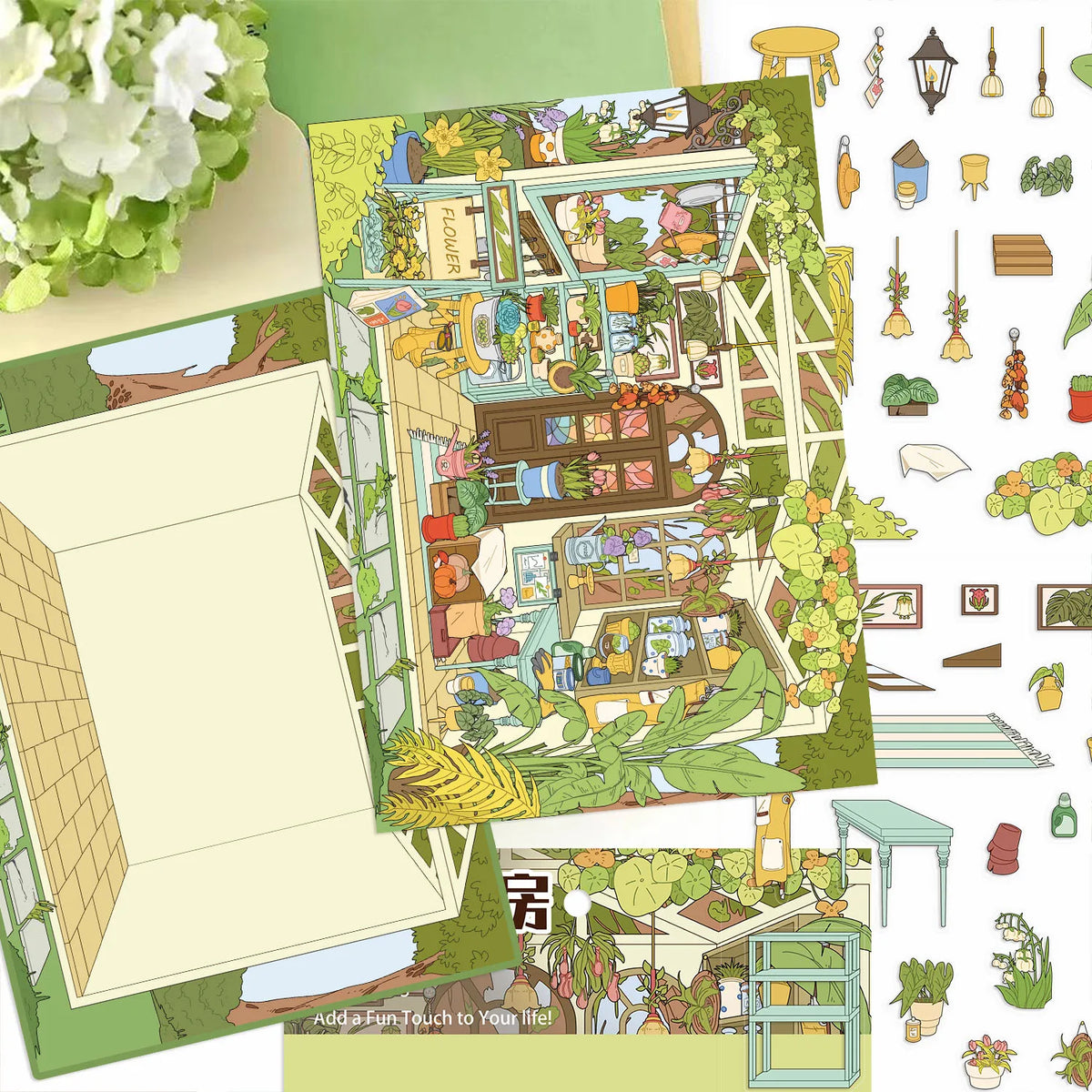 miniatures jardin scellées plantes meubles accessoires couleurs vert rouge bleu dessin animé opaques