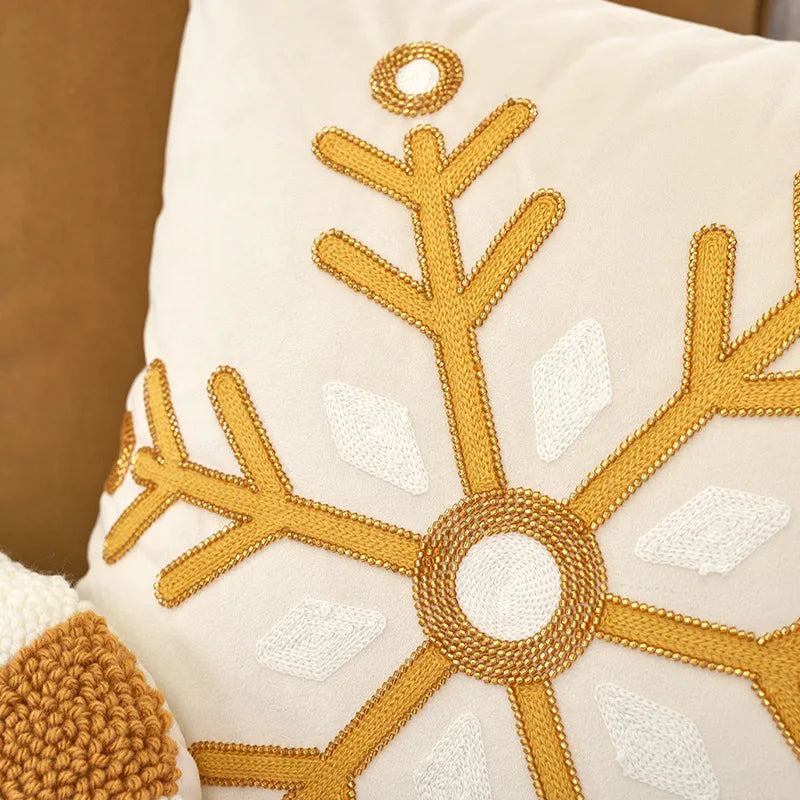 coussin blanc motif flocon doré texture épaisse décoratif noël fixations