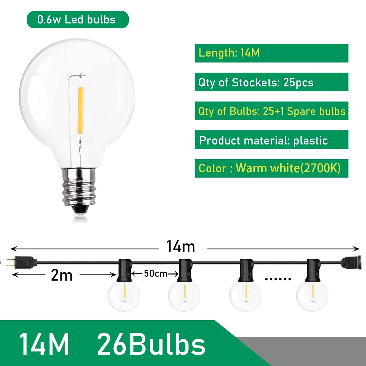 guirlande lumineuse extérieure 26m 50 led blanc doré moderne transparent