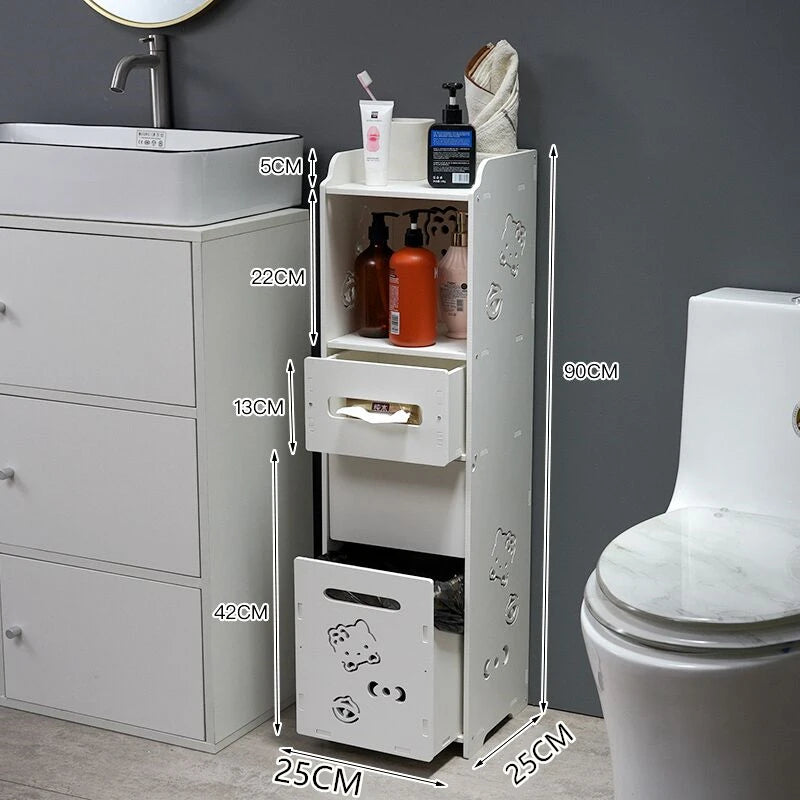meuble rangement salle bain blanc moderne tiroir déchets étagères étroites