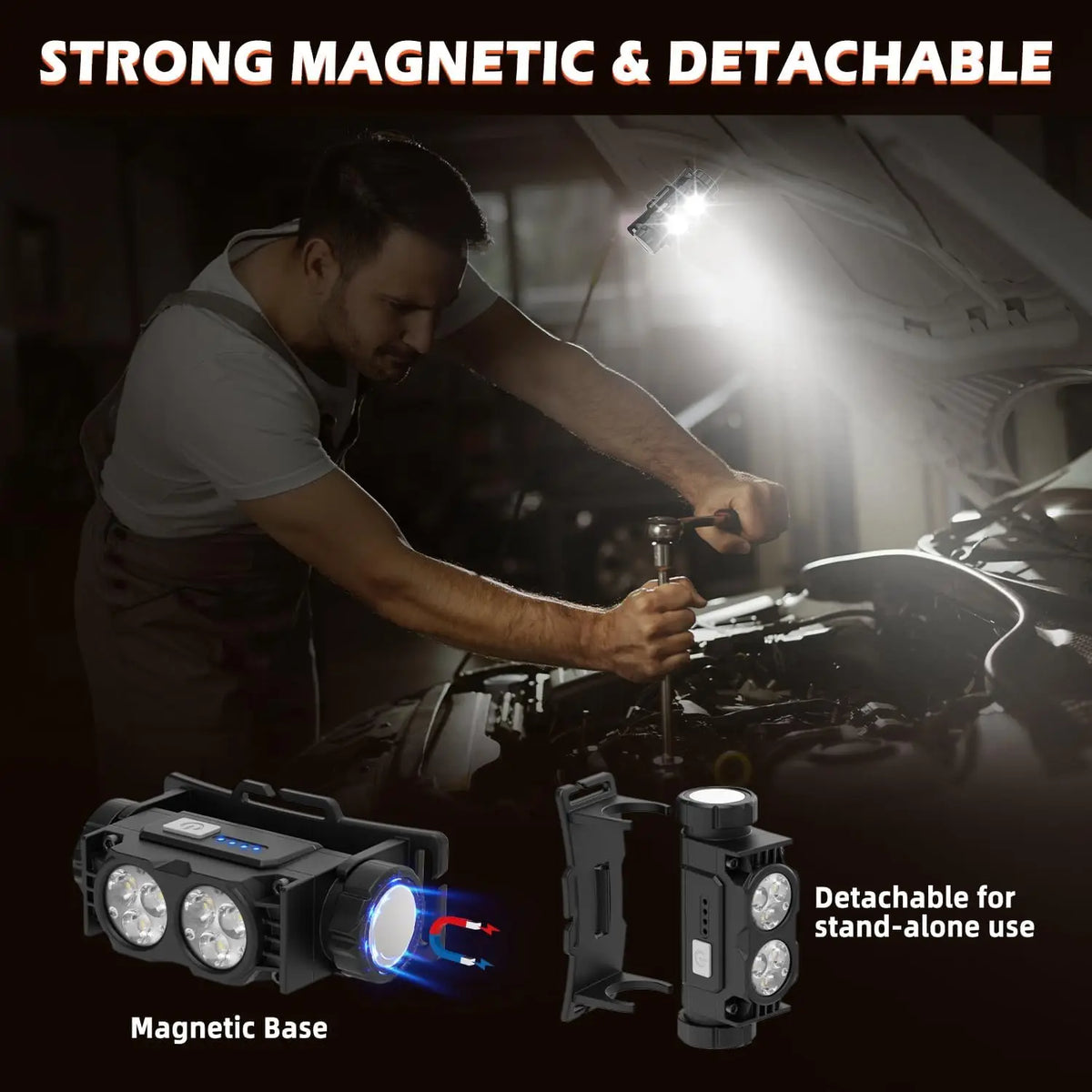 lampe frontale led aimant noir hexagone moderne 6000lm ip68 résistance chargeur usb