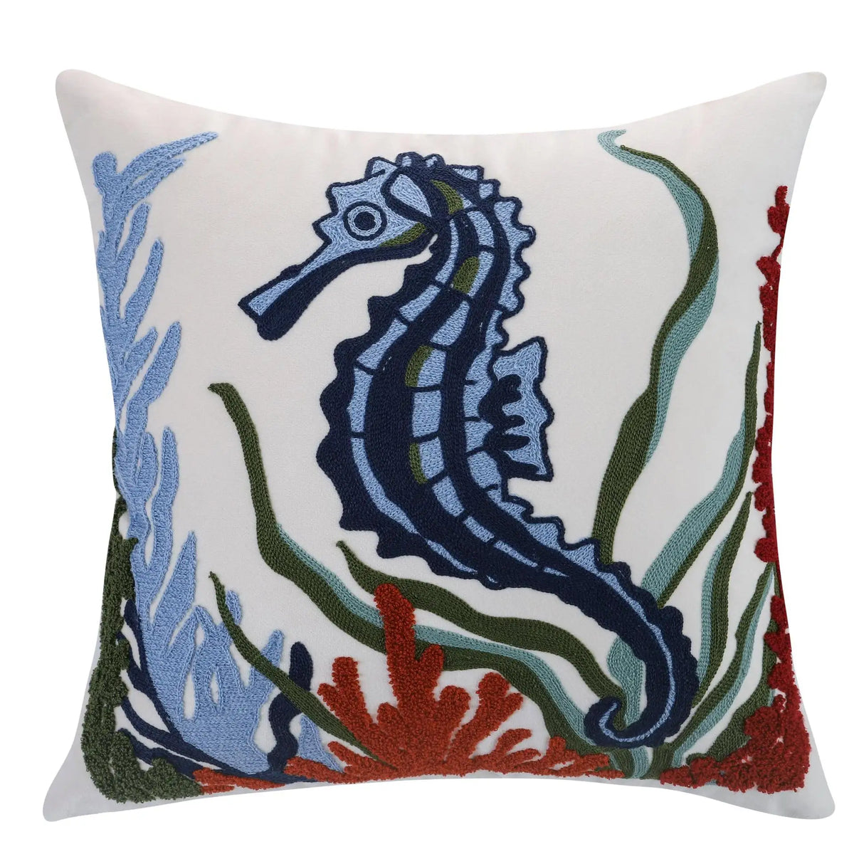 housse coussin brodée motif marin hippocampes coraux blanc océan 45x45cm polyester zipper