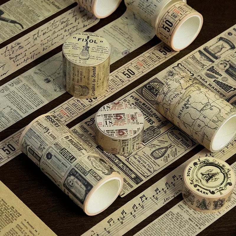 ruban adhésif vintage rétro motifs anciens chiffres lettres opacité beige noir scrapbooking diy