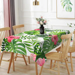 nappe rectangulaire blanche motifs feuilles tropicales fleurs roses décor table manger été exotique