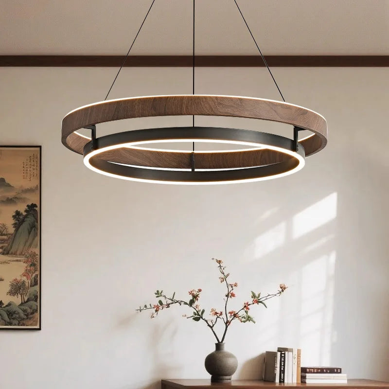 suspension lumineuse moderne bois foncé anneau concentrique éclairage led minimaliste