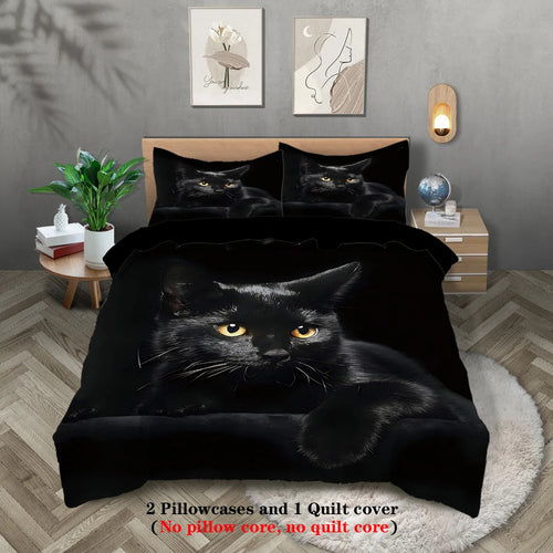 ensemble lit parure trois pièces housse oreillers chat noir moderne polyester
