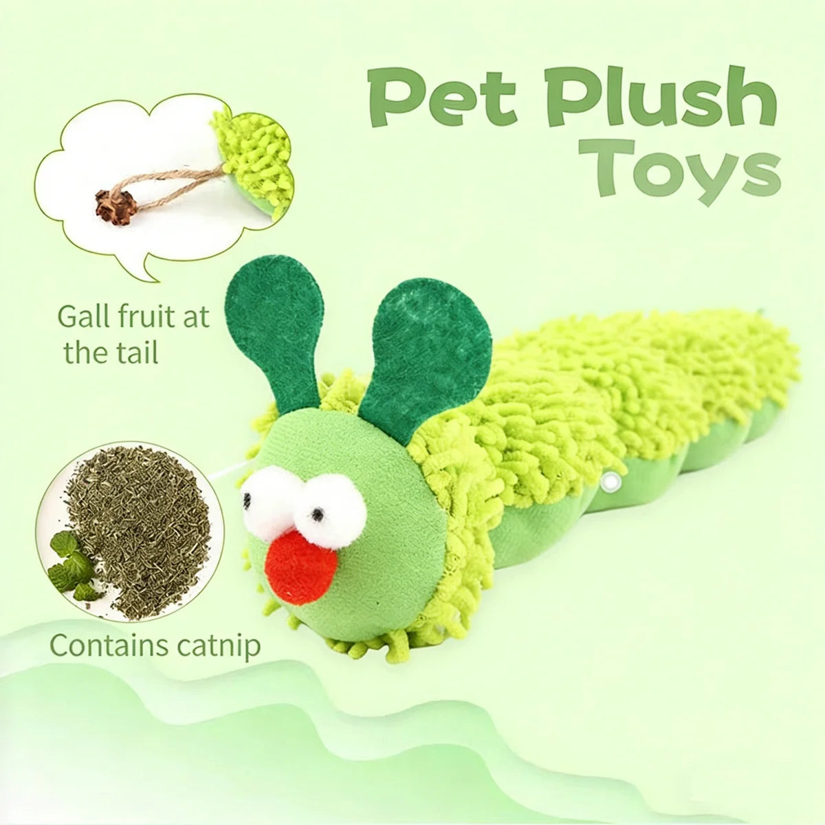 jouet chat chenille peluche vert catnip doux mignon autoamusement fruit galle papier crinkle