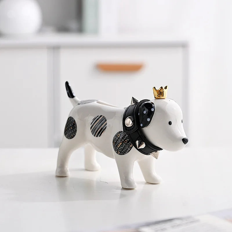 statue chien décoration moderne blanche motifs géométriques collier clous couronne dorée chambre salon