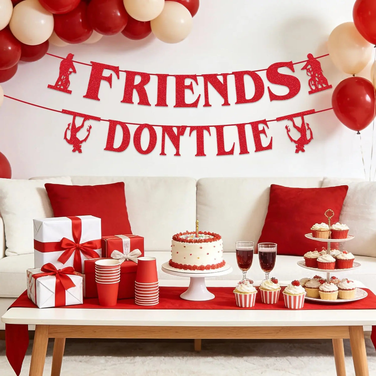 guirlande festive anniversaire stranger things bannières lettres FRIENDS DONTLIE paillettes rouge silhouettes personnages