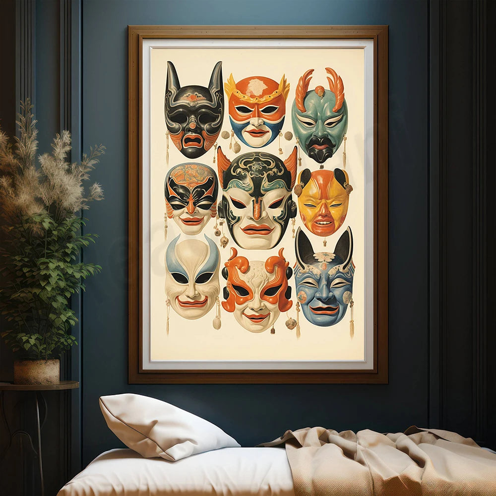 Une collection de masques asiatiques colorés et expressifs, formant une décoration murale intéressante et captivante.
