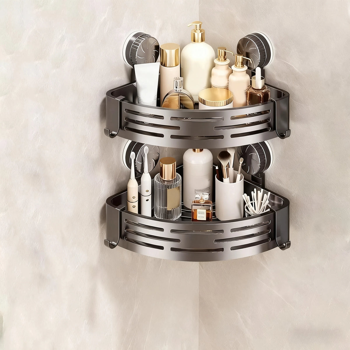 étagère salle bain moderne gris perforée succion porte savon crochets serviette