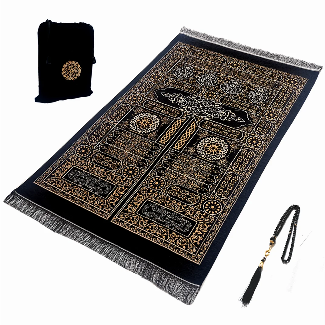 tapis prière musulman noir ornements géométriques lavable main machine tapis traditionnel franges sac rangement