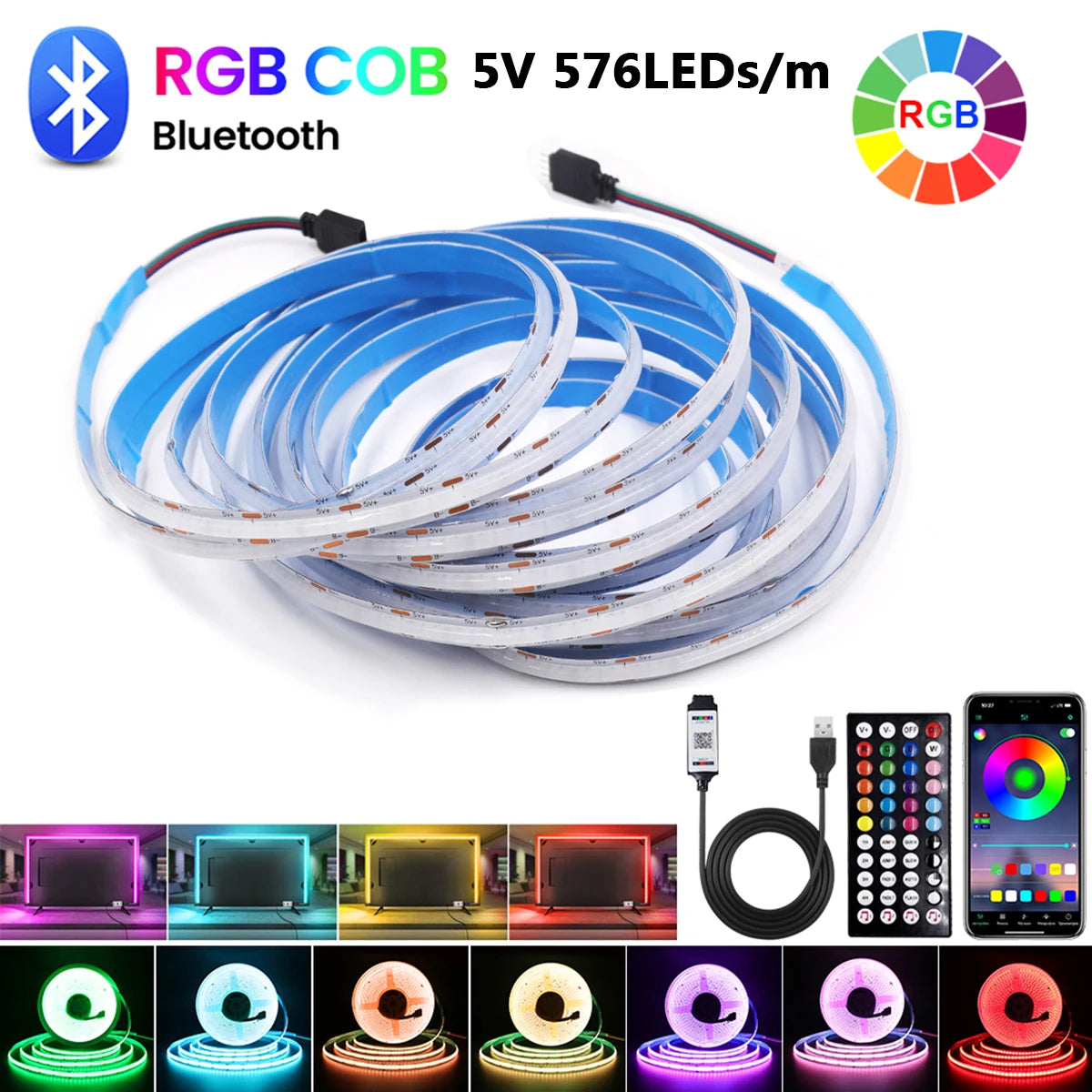 ruban led flexible bleu blanc controle bluetooth telecommande 44touches adaptateur usb moderne technologie