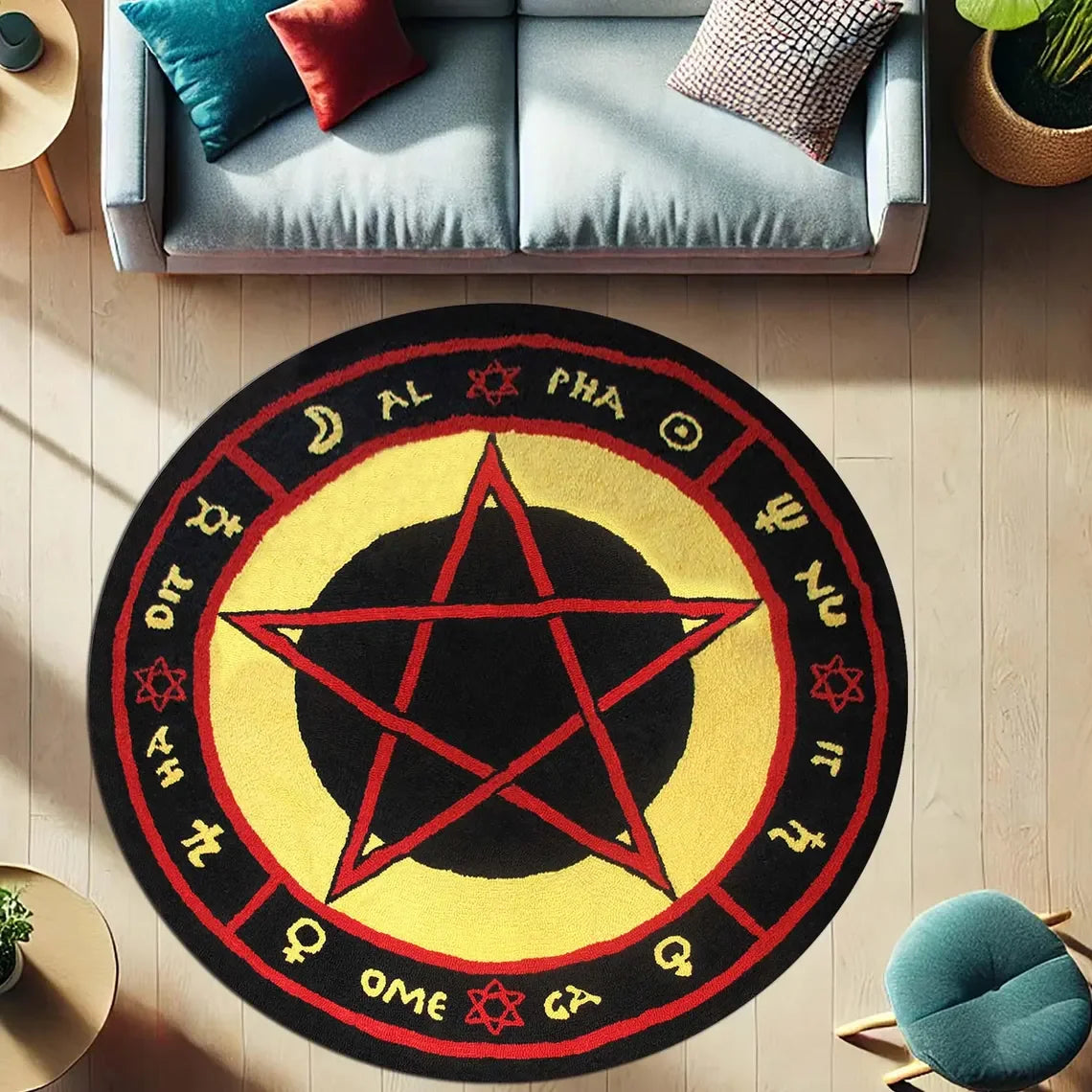 tapis rond pentagramme astrologique motifs floraux moderne noir rouge chambre salon