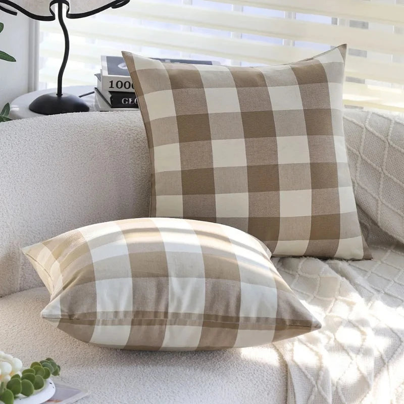housses coussin carreaux beige blanc rustique imperméable respectueux environnement farmhouse 45x45cm 18x18inch garnissage