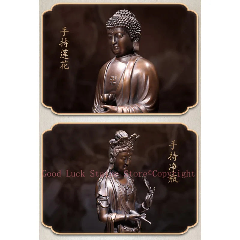 statuette bouddhiste bronze bouddha deux femmes bases lotus motifs floraux 32cm 3kg traditionnel