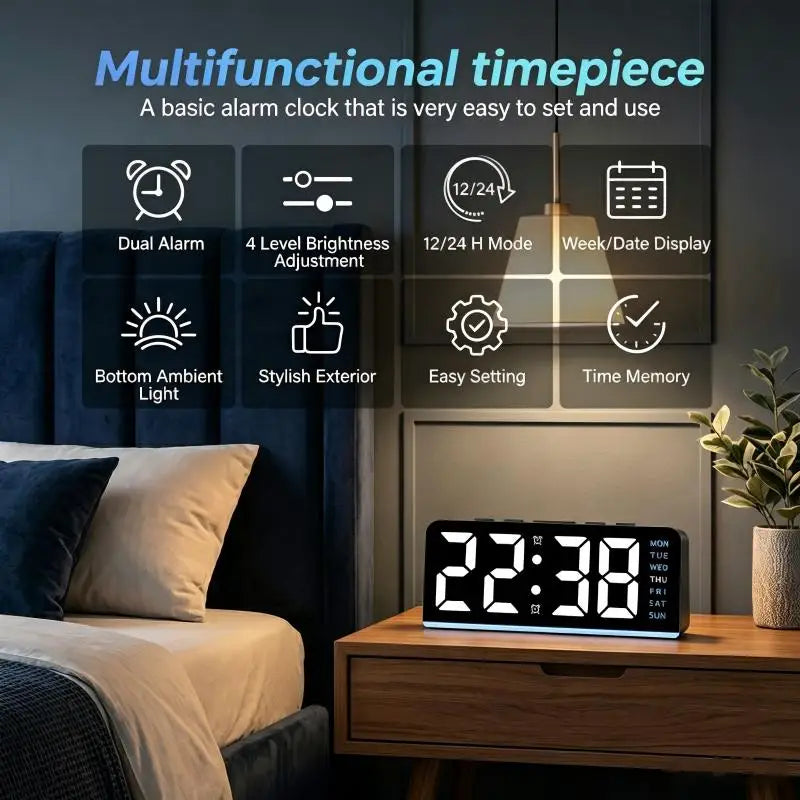 horloge numérique moderne alarme double température led noir blanc bleu