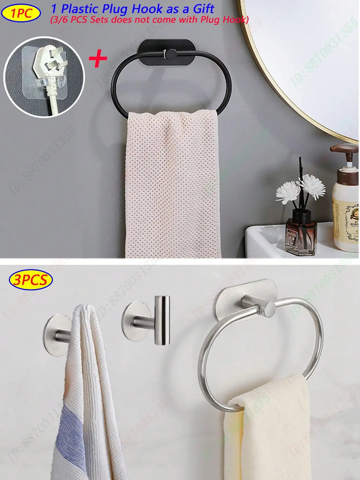 anneau serviette adhésif acier inoxydable noir doré argenté moderne salle bain 1pc 3pcs 6pcs