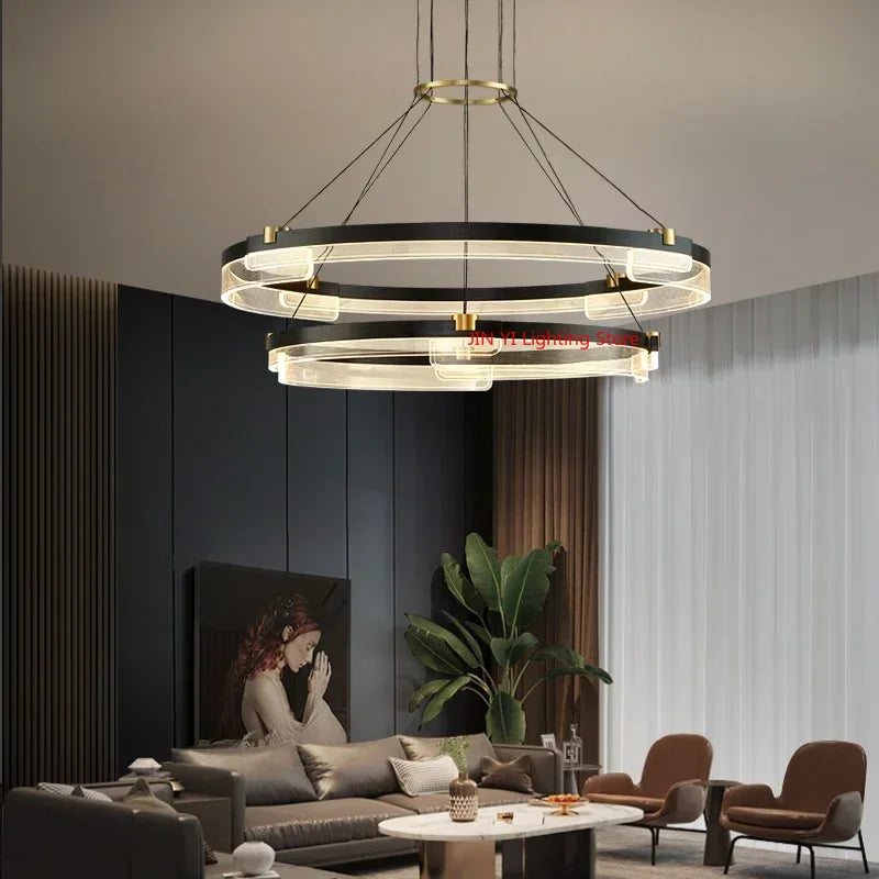 suspension lumineuse moderne noir doré ampoules led blanc translucide structure circulaire bandes translucides minimaliste