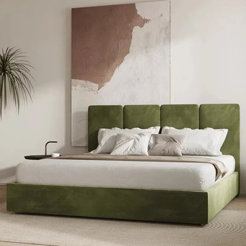lit moderne bois vert olive velours 150cm 180cm oreillers draps