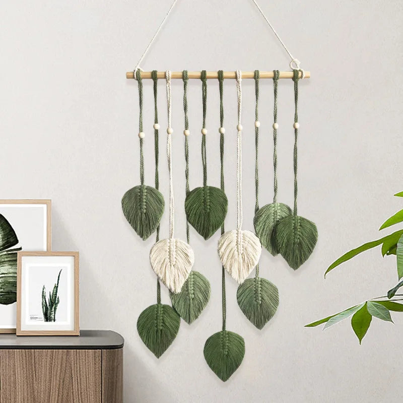 décoration murale boho feuilles tissées vert blanc marron rose gris suspension
