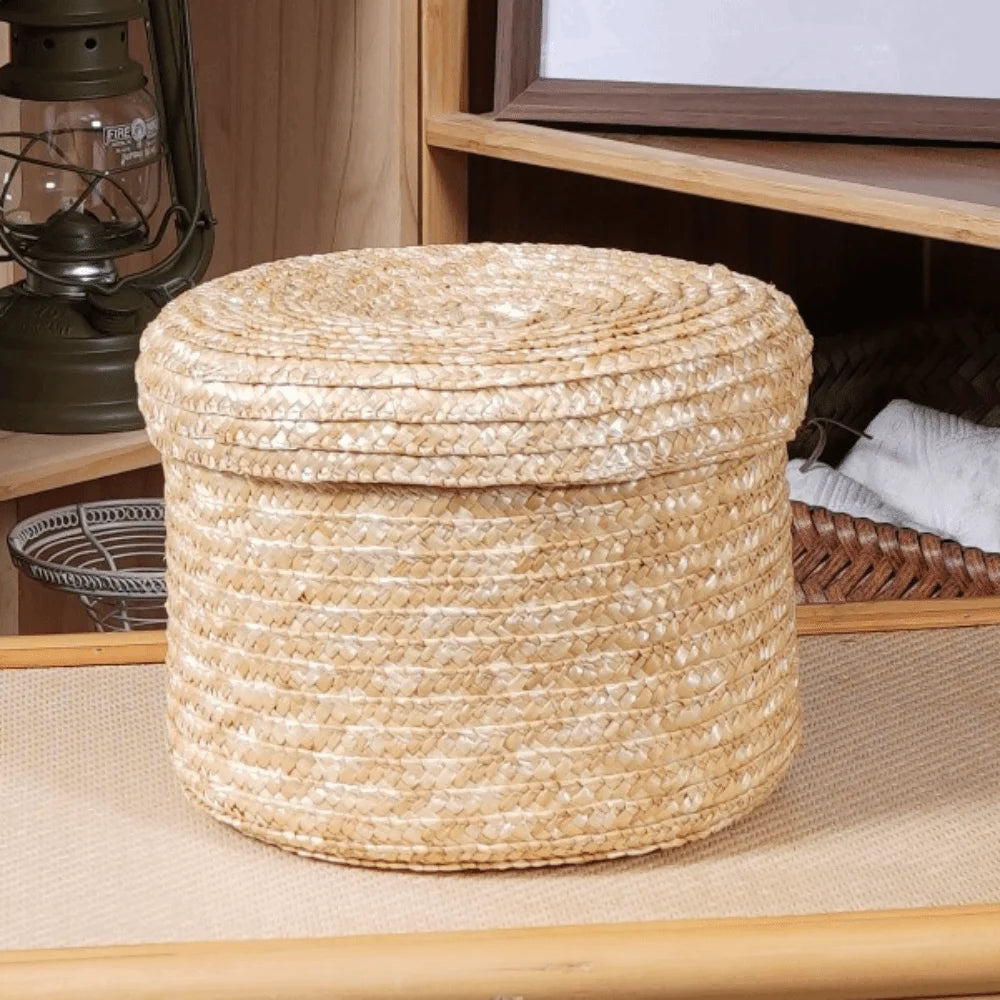 panier rangement tissé paille naturelle rustique boîte rangement cosmétiques réutilisable respectueux environnement beige clair