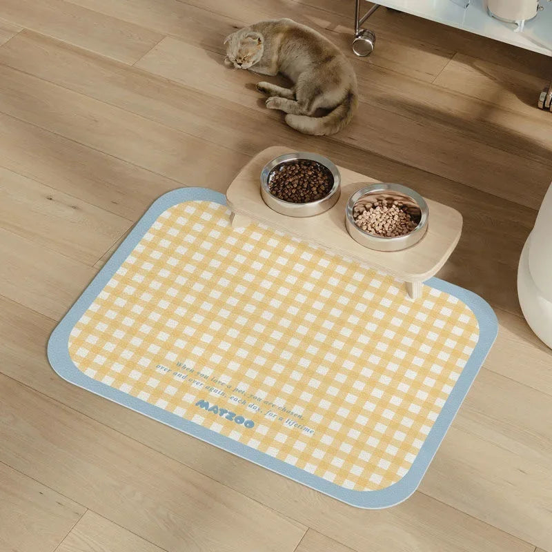 tapis alimentation animaux moderne carreaux jaune bleu violet anti slip