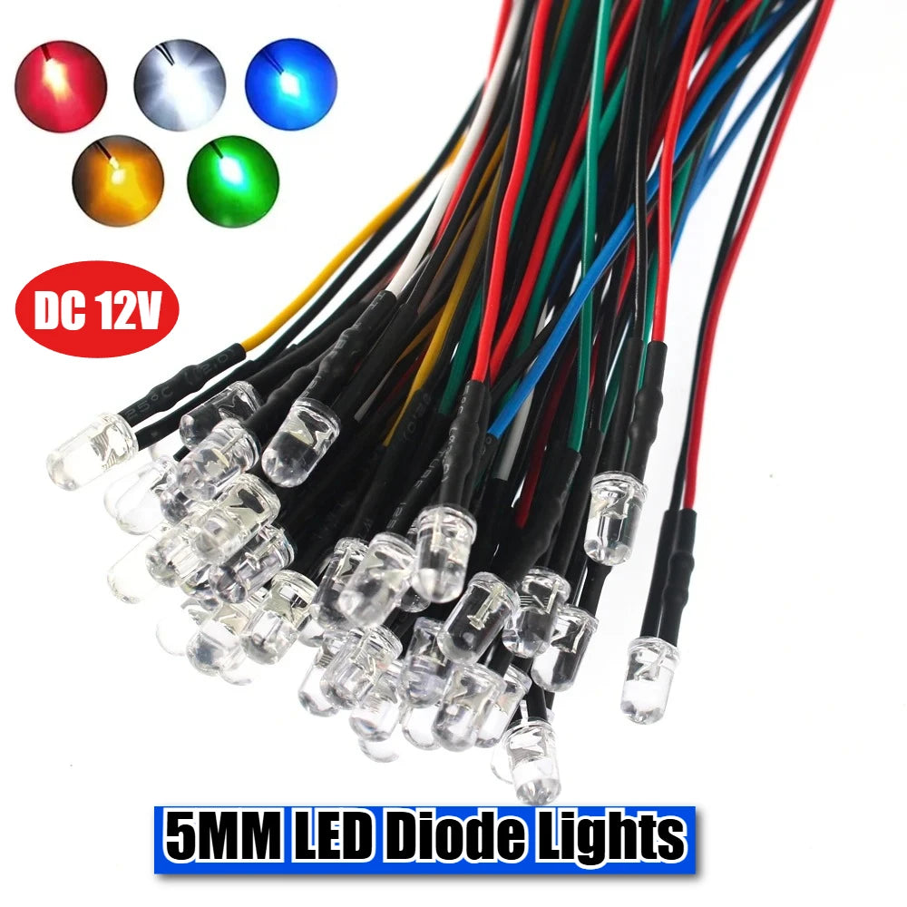 diodes led 12v 5mm câbles colorées rouge blanc bleu vert Jaune transparentes standard