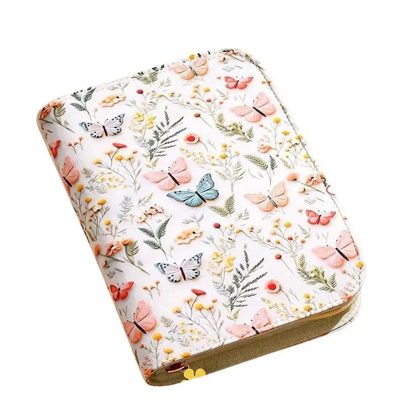 sac rangement bijoux fleurs papillons motifs floraux zips beige doré bleu rose verte Jaune