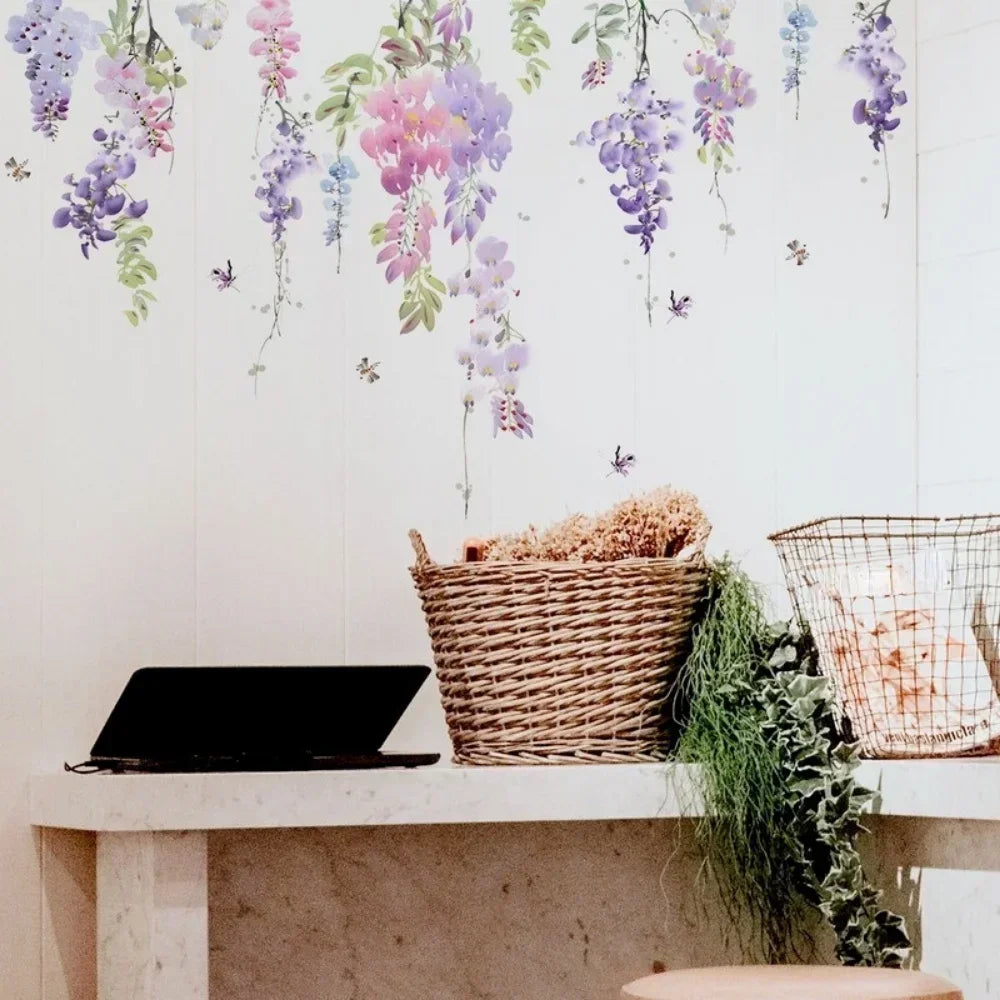 stickers muraux art floral fleurs suspendues feuilles violettes roses vertes blancs adhésifs chambre décoration